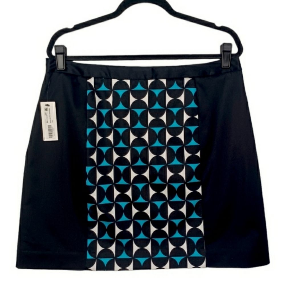 WORTHINGTON Blue Retro Squares Black A-line Skirt Size 14 NWT